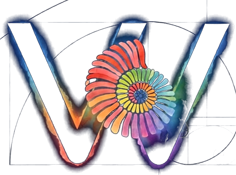 VOW — a rainbow nautilus spiral set inside the negative space of a bold navy W, glowing against a dark background
