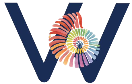 The VOW mark — a rainbow nautilus spiral inside a navy W