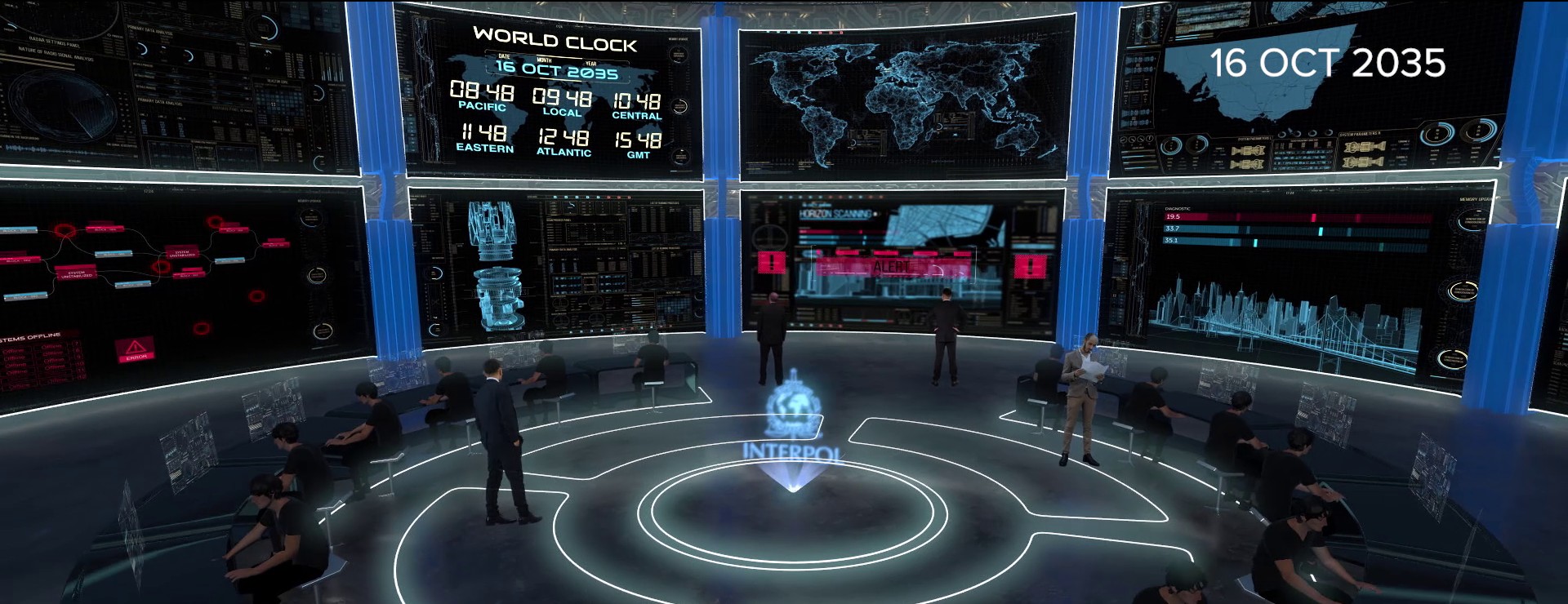 INTERPOL Command and Coordination Centre with a holographic INTERPOL emblem