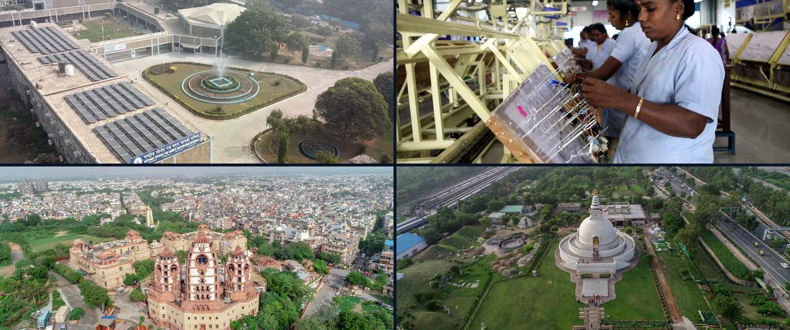 Four projects across sixteen-plus years: a research institute campus, a factory floor, ISKCON Temple, and Shanti Stupa in Delhi